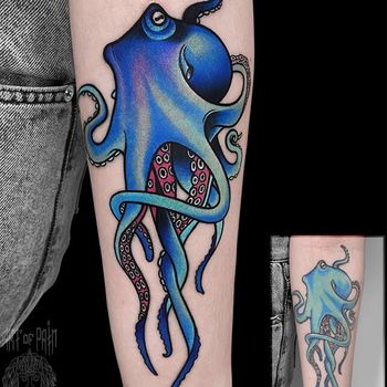 Татуировка женская нью-скул на предплечье осьминог