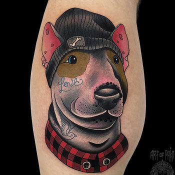 Татуировка мужская нью скул на голени собака