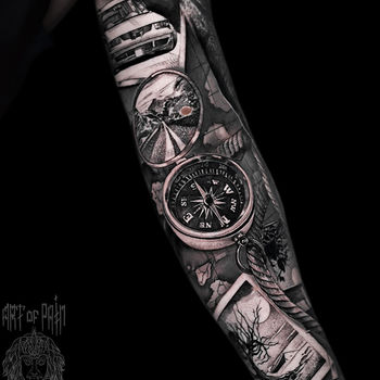 Татуировка мужская реализм тату-рукав компас, фотографии