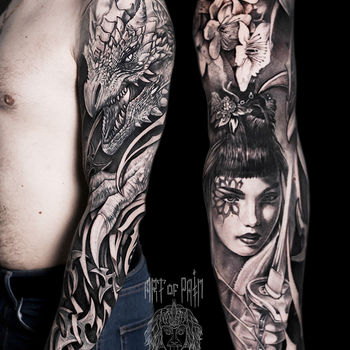 Татуировка мужская реализм и фентези тату-рукав девушка-воин и дракон