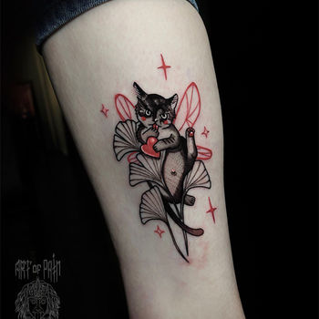 Татуировка женская графика на ноге кот