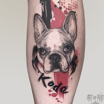 Татуировка мужская треш полька на голени собака