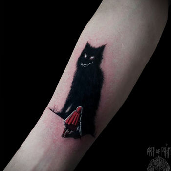 Татуировка женская графика на предплечье Волк и Красная Шапочка