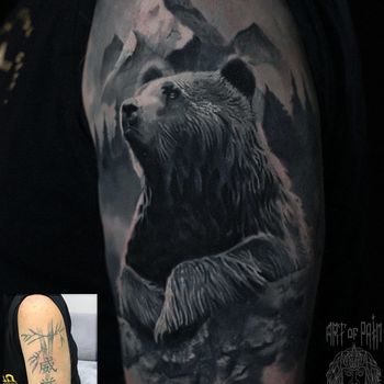 Татуировка мужская реализм на плече медведь