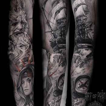 Татуировка мужская реализм тату-рукав морской, корабли, пираты