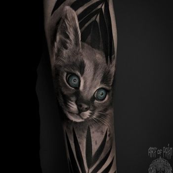 Татуировка женская реализм на предплечье котенок