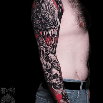Татуировка мужская реализм и фентези тату-рукав дракон и черепа