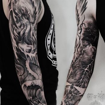Татуировка мужская графика тату-рукав кракен