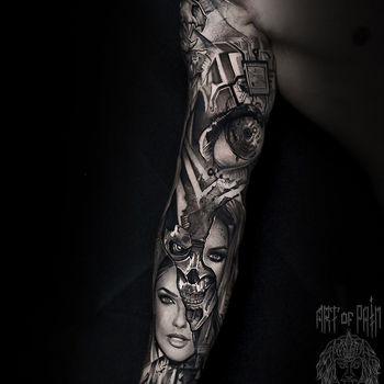 Татуировка мужская реализм тату-рукав девушка, череп, глаз