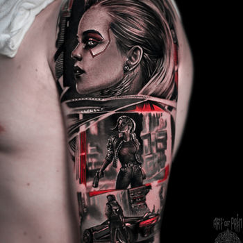 Татуировка мужская реализм на плече девушка и автомобиль