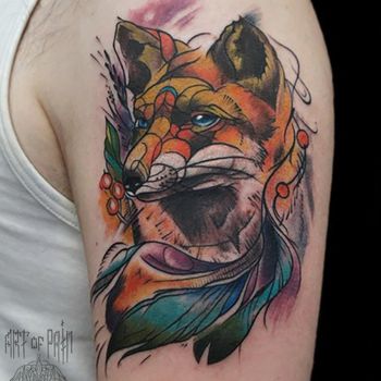 Татуировка мужская нью-скул на плече лис