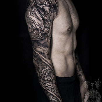 Татуировка мужская хоррор тату-рукав Анубис
