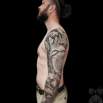 Татуировка мужская графика и орнаментал тату-рукав растение и узор