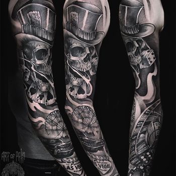 Татуировка мужская реализм тату-рукав череп, Лас-Вегас