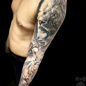 Татуировка мужская реализм тату-рукав лев и орел