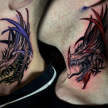Татуировка мужская графика и хоррор на шее драконы