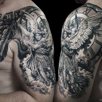 Татуировка мужская Black&Grey на груди: Архангел Михаил и сцена распятия