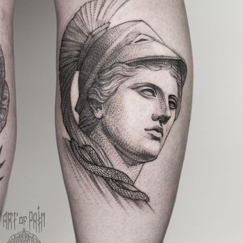 Татуировка женская графика на голени Афина