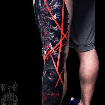 Татуировка мужская хоррор на ноге монстр