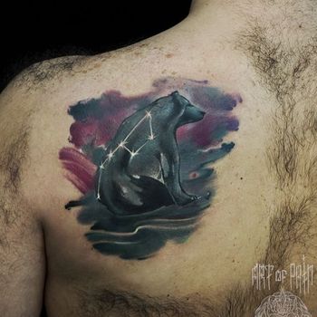 Татуировка мужская акварель на спине медведь
