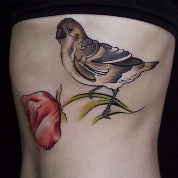  Татуировка женская акварель на ребрах птица