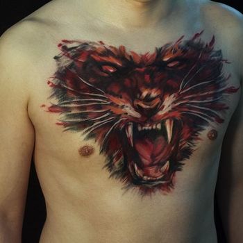 Татуировка мужская акварель на груди тигр
