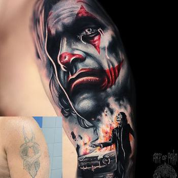 Татуировка мужская реализм на плече Джокер кавер
