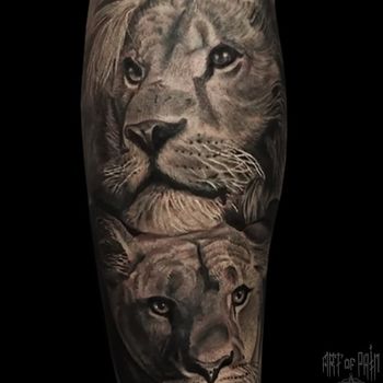 Татуировка мужская реализм на голени львы