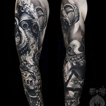 Татуировка мужская реализм тату-рукав осьминог, девушка