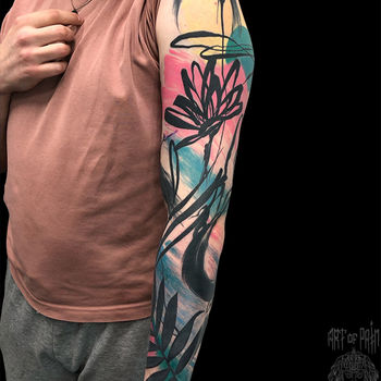 Татуировка мужская акварель тату-рукав виноград, растения, цветы