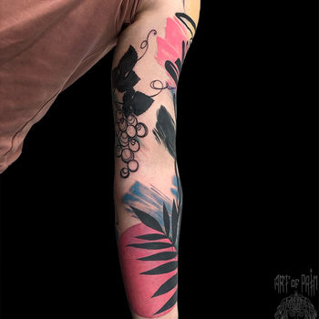 Татуировка мужская акварель тату-рукав виноград, растения