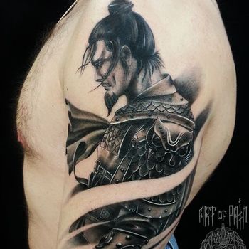 Татуировка мужская Black&Grey на плече самурай