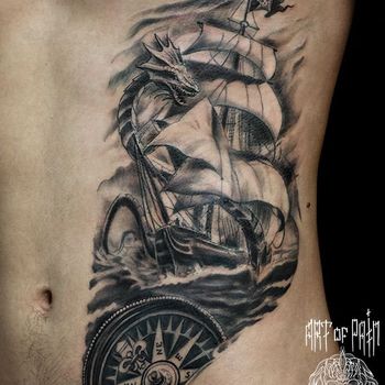 Татуировка мужская Black&Grey на боку корабль
