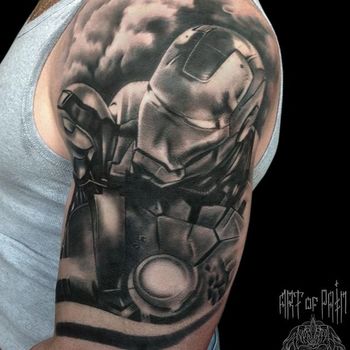 Татуировка мужская Black&Grey на плече железный человек