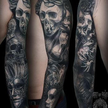 Татуировка мужская Black&Grey рукав черепа, розы и маски