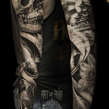 Татуировка мужская Black&Grey рукав череп и пагода