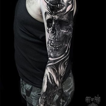 Татуировка мужская Black&Grey на руке корабль