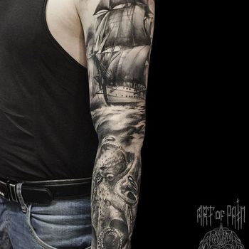 Татуировка мужская Black&Grey рукав корабль