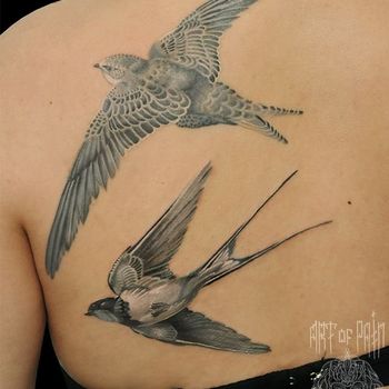 Татуировка женская Black&Grey на лопатке две птицы