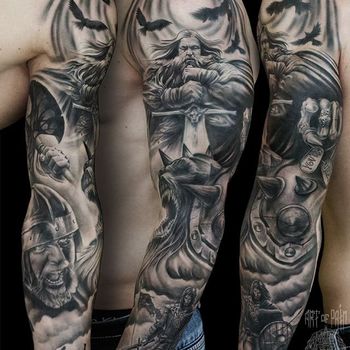 Татуировка мужская Black&Grey рукав воин