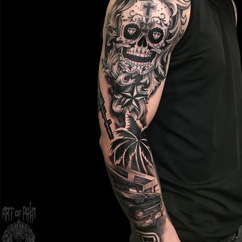 Татуировка мужская чикано тату-рукав череп, автомобиль, пальма