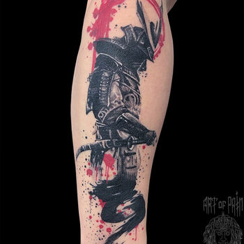 Татуировка мужская графика на предплечье самурай