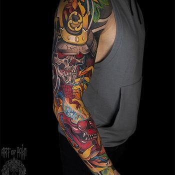Татуировка мужская япония тату-рукав череп, маска, самурай, хризантемы