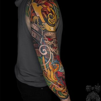 Татуировка мужская япония тату-рукав череп, маска, самурай, хризантемы, вид сзади