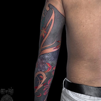 Татуировка мужская япония и орнаментал тату-рукав кленовый лист, узор