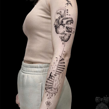 Татуировка женская графика на руке сердце, человек, лестница