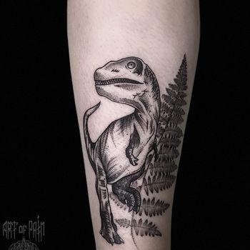 Татуировка женская графика на голени динозавр