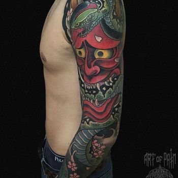 Татуировка мужская япония тату-рукав маска ханья