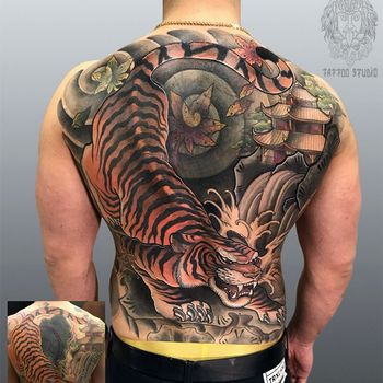 Татуировка мужская япония на спине тигр и пагода кавер