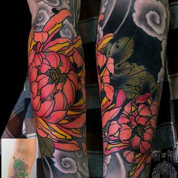Татуировка женская япония на предплечье хризантемы кавер